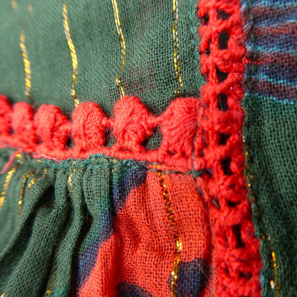 Rachel Zoe Metallic Kimono Blouse Flying Bird Print Boho Peasant Green Red Gold - Picture 7 of 9